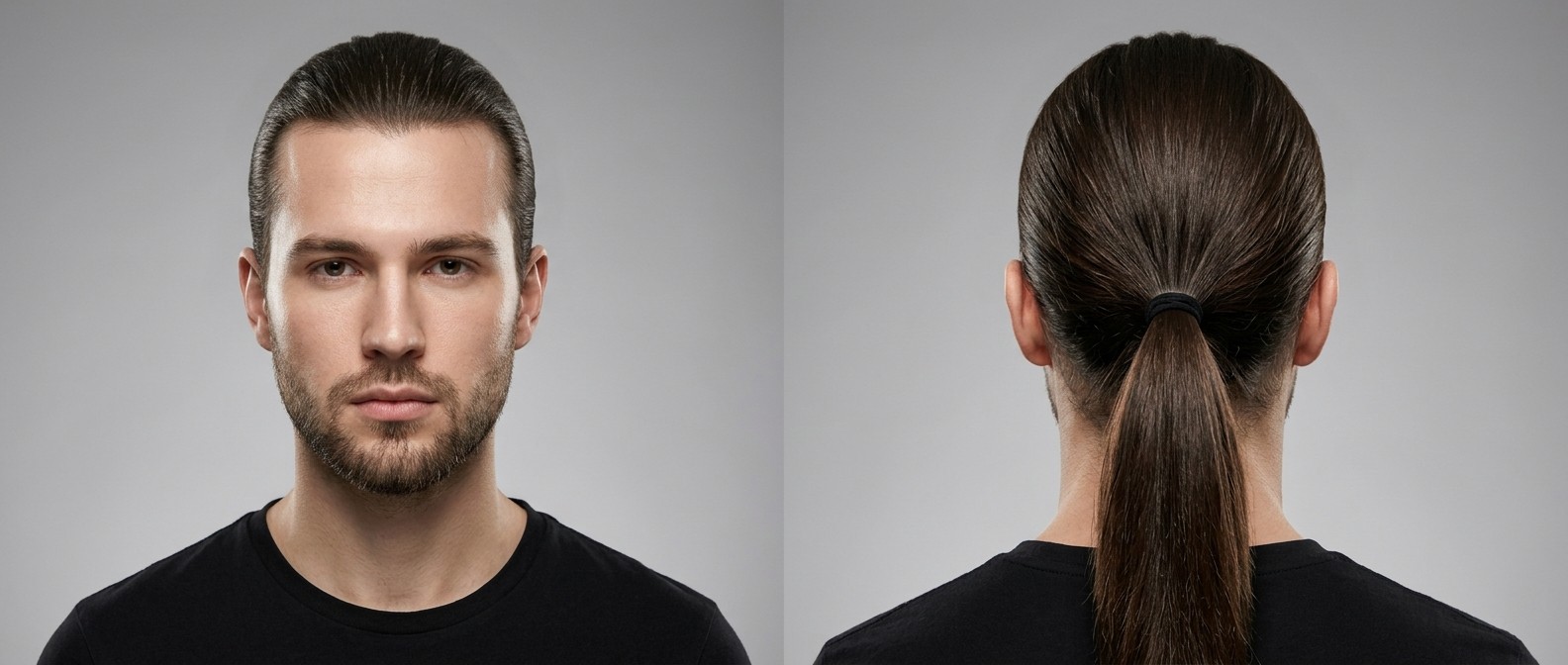 Vue de face et de dos d'un jeune homme avec une barbe courte portant une queue de cheval brune, raide et épurée.