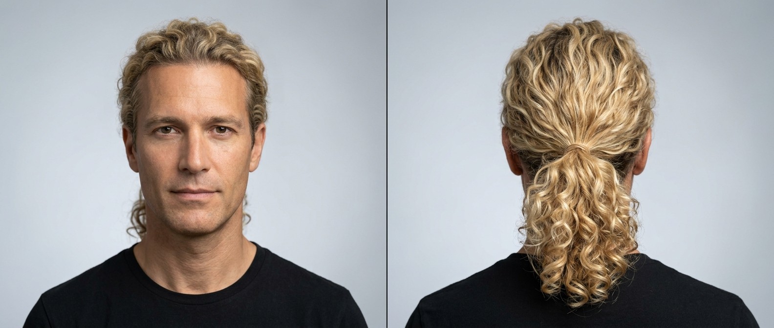 Front and back view of a 45-year-old Caucasian man with thick, blonde, Type 3 curly hair styled in a natural, low-maintenance low ponytail.