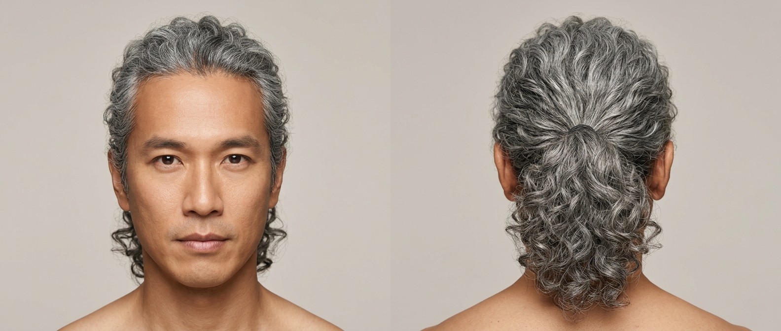 Widok z przodu i z tyłu na mężczyznę o owalnej twarzy z długimi, srebrzystymi kręconymi włosami związanymi w luźny kucyk.