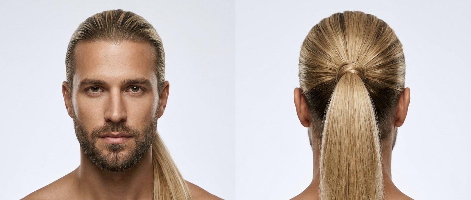 Vue de face et de dos d'un homme blond de 30 ans avec une barbe courte, portant une queue de cheval lisse et une mèche de cheveux enroulée autour de l'élastique.