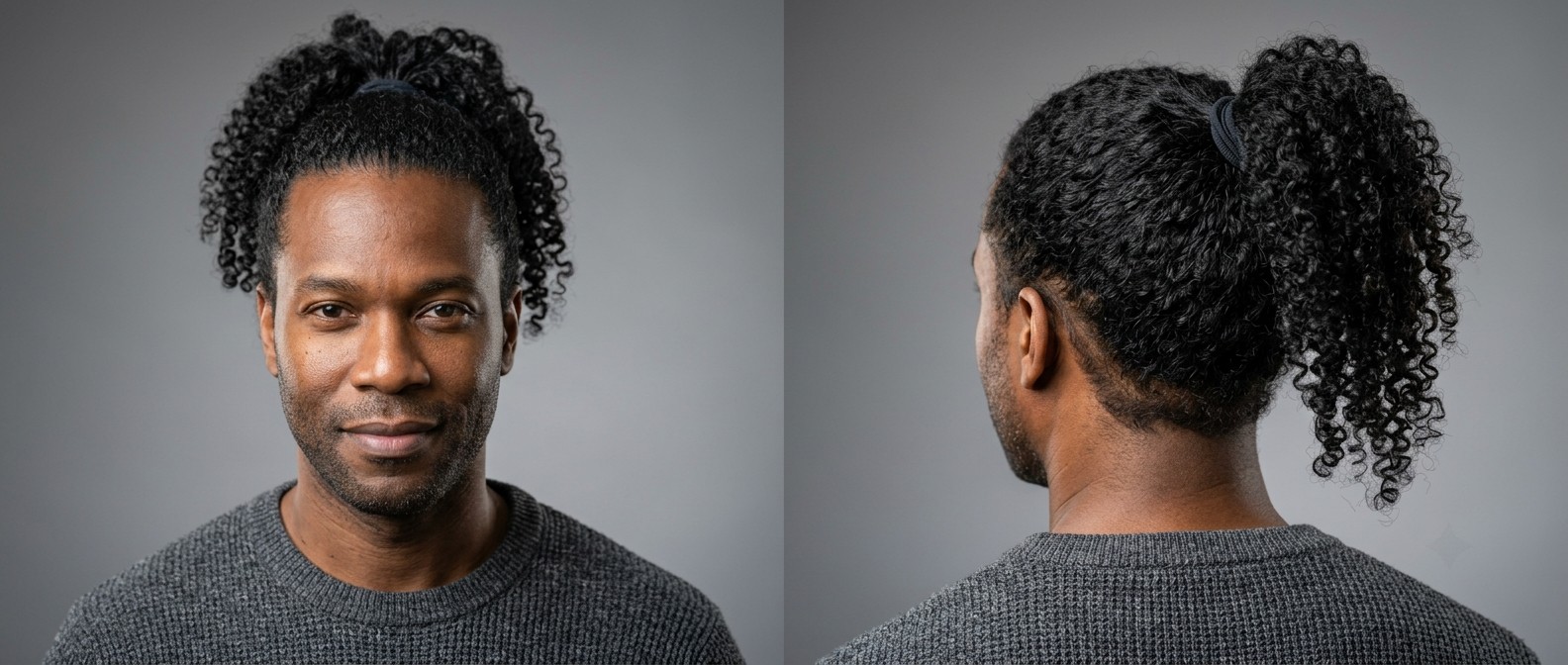 Homme noir mature avec une barbe de trois jours portant une queue de cheval haute bouclée, mettant en valeur des boucles de type 3 sur fond gris.