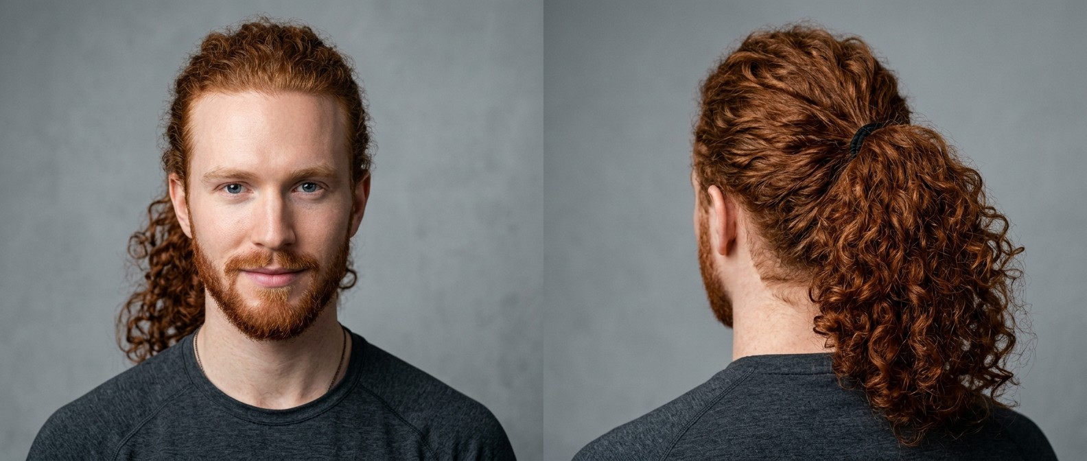 Young man with a full red beard and very long, thick curly hair styled in a natural mid-height ponytail, looking directly at the camera.