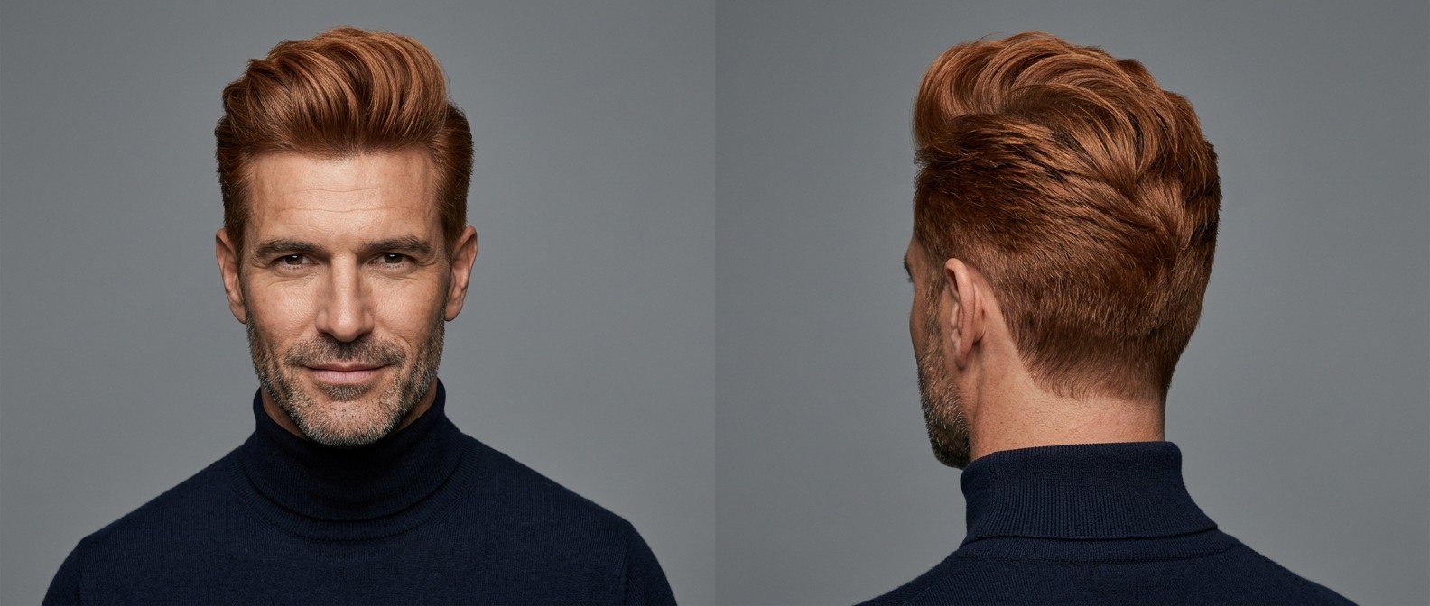 Homme mûr à la peau mate et cheveux épais roux, coiffé en quiff texturée volumineuse avec côtés courts et barbe de trois jours.