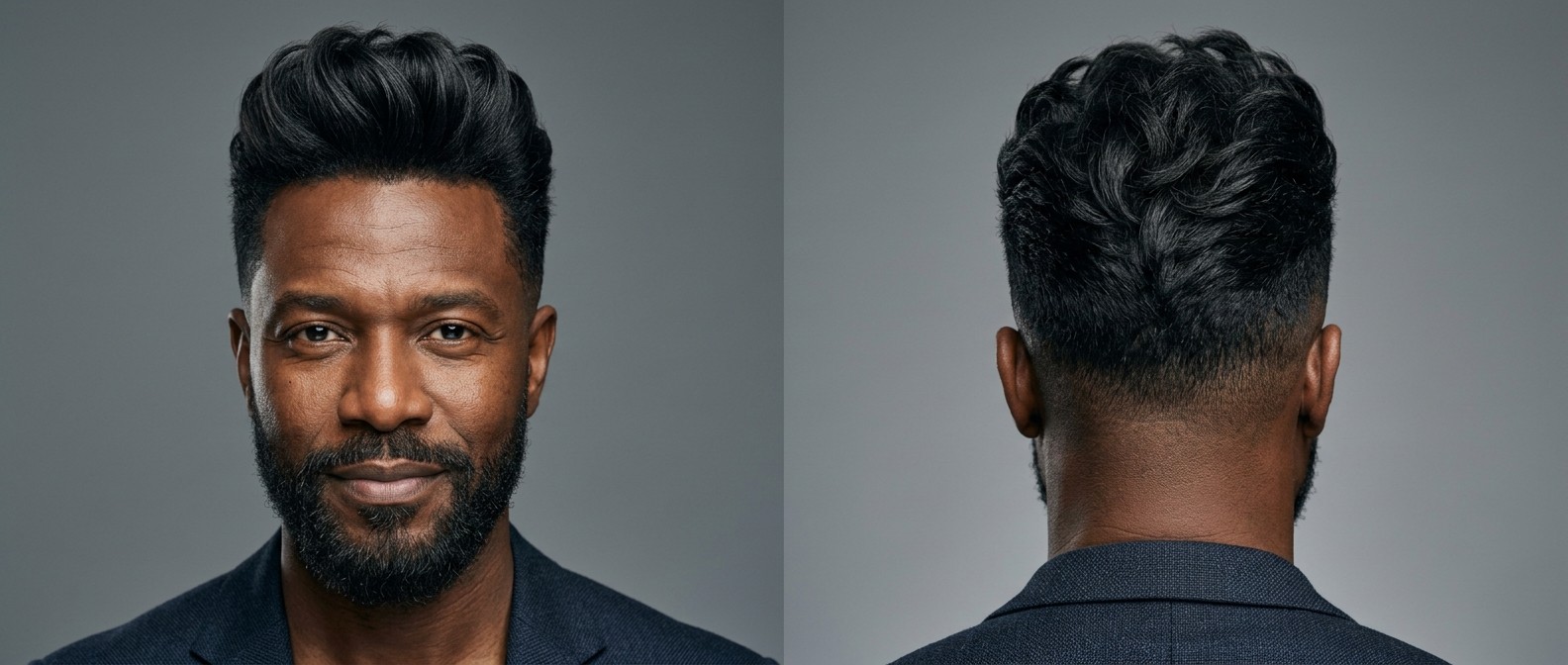 Vue de face et de profil d'un homme noir mature arborant une quiff texturée volumineuse avec un taper fade, un épi frontal et une barbe bien taillée.