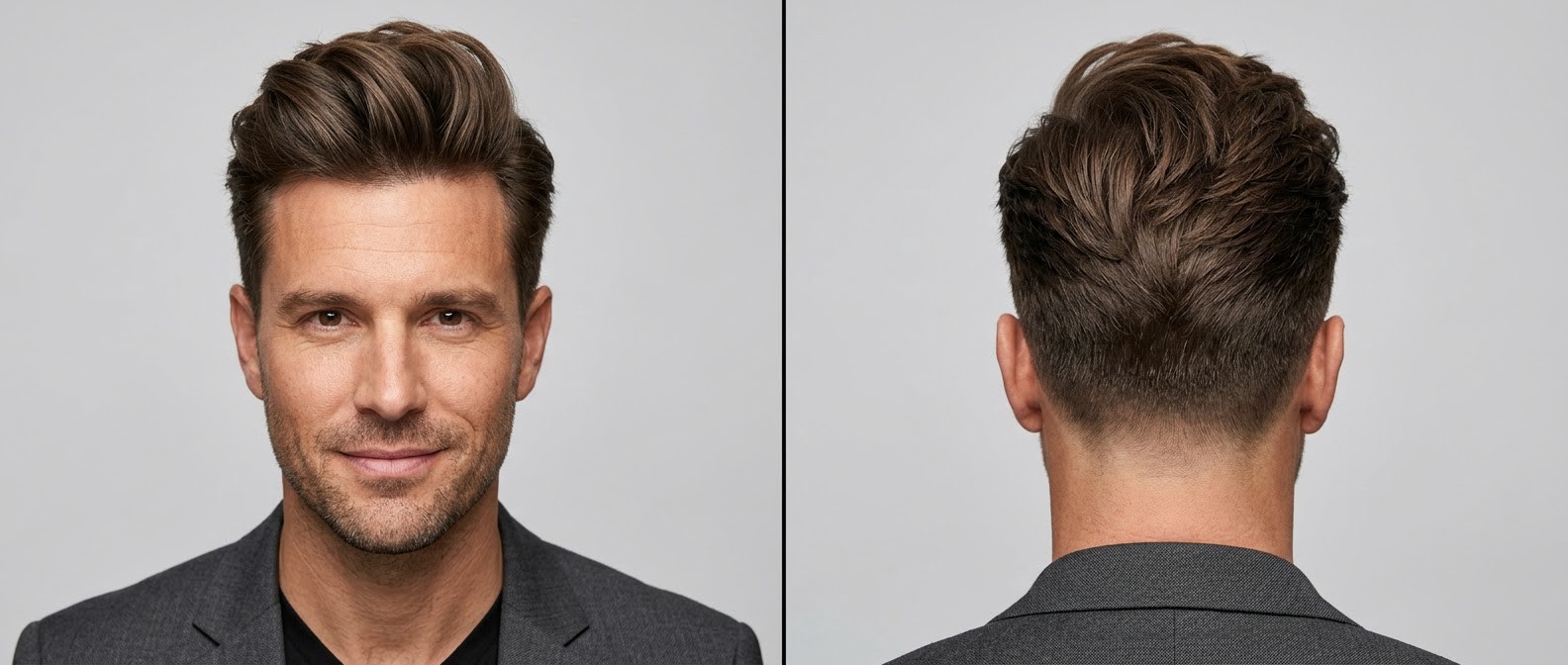 Front and back view of a professional man with a textured quiff hairstyle, featuring short tapered sides and medium volume on top.