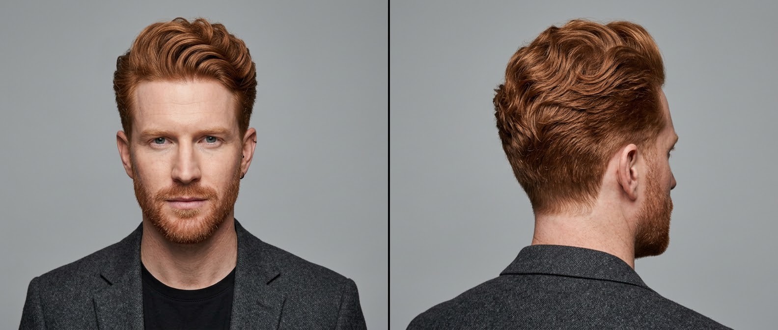 Front and back view of a man with thick, wavy red hair styled in a textured quiff with short tapered sides and a short beard.