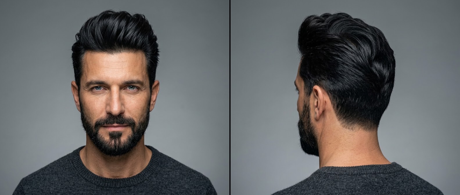 Homme mûr avec barbe soignée portant un quiff executive classique texturé et côtés dégradés