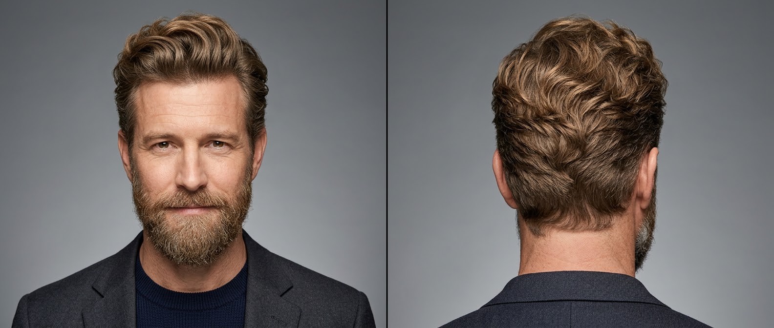 Homme mature aux cheveux ondulés châtains coiffés en quiff texturé aux ciseaux avec barbe complète et costume d'affaires.