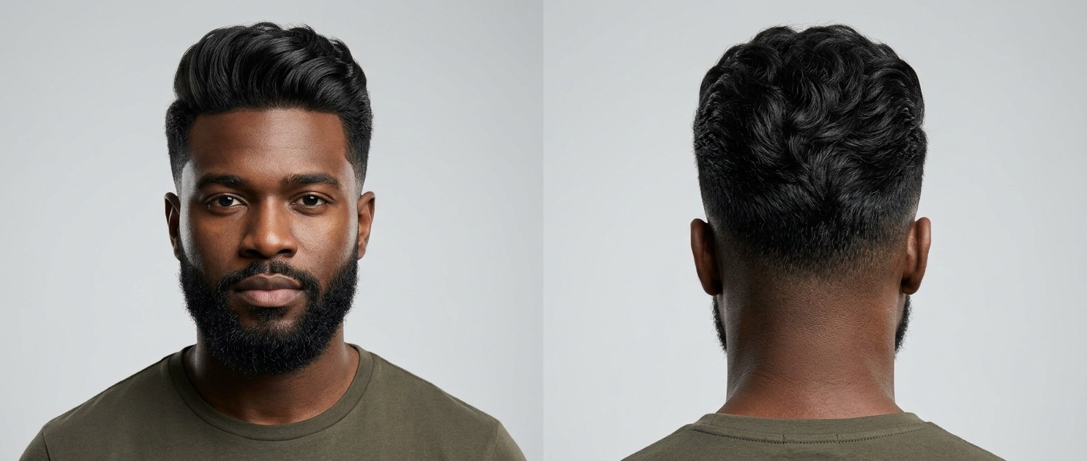 Widok z przodu i z tyłu na mężczyznę z teksturowanym wavy quiffem, precyzyjnym konturem, mid drop fade'em i zadbaną brodą.