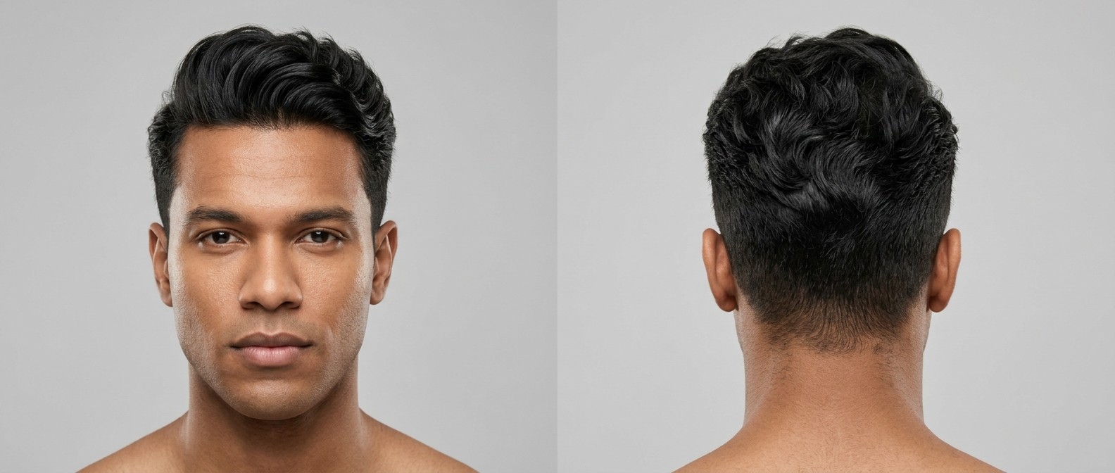 Widok z przodu i z tyłu na mężczyznę z falowanymi włosami w stylu textured quiff z krótko wycieniowanymi bokami.