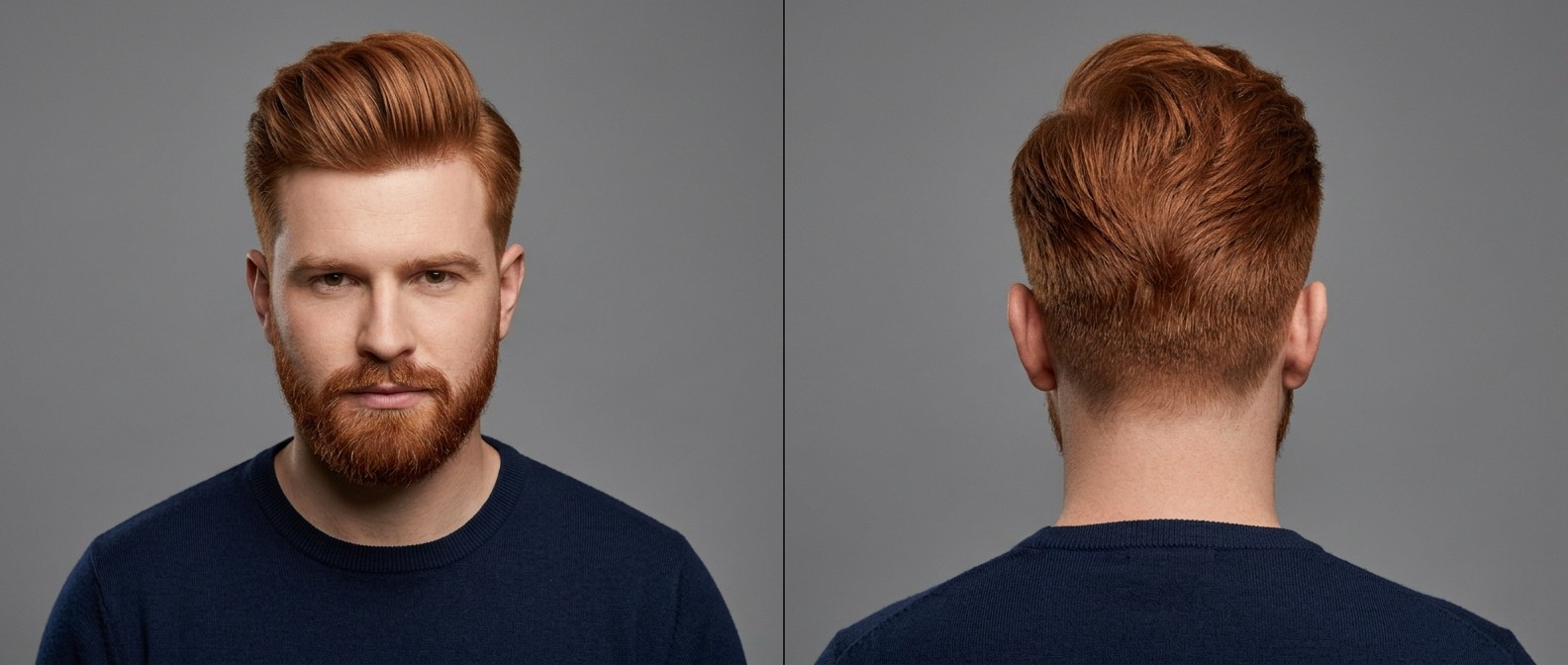 Widok z przodu i z tyłu na mężczyznę z gęstymi rudymi włosami i brodą, prezentującego quiff zaczesany do tyłu z krótkimi bokami.