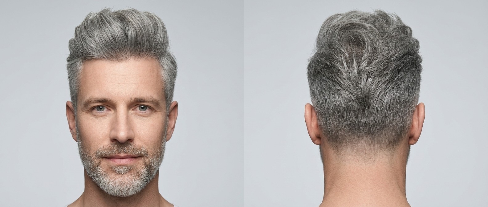 Vue de face et de profil d'un homme mature avec une barbe courte, arborant une quiff argentée texturée et volumineuse avec des côtés dégradés.