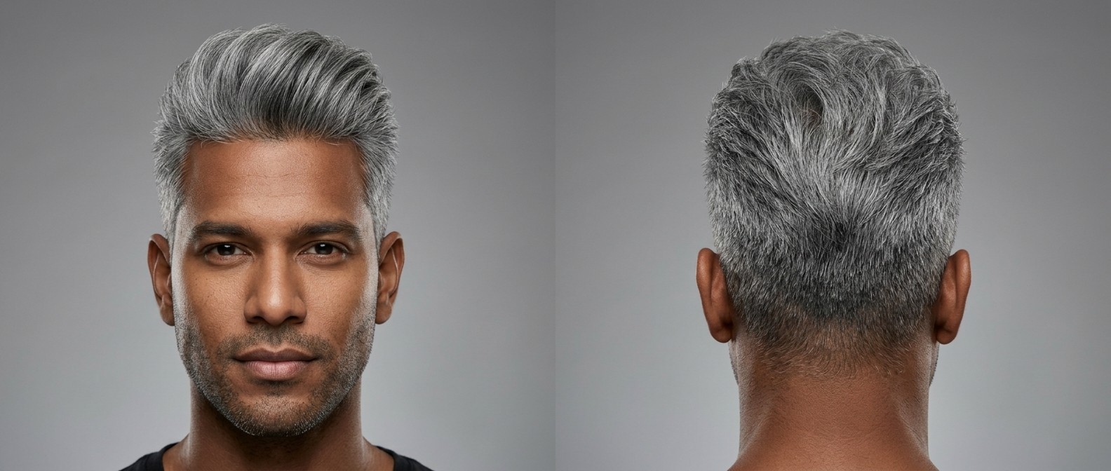 Widok z przodu i z tyłu na mężczyznę ze srebrzystymi włosami, stylizowanymi w quiff z cieniowanymi bokami i zadbanym zarostem.