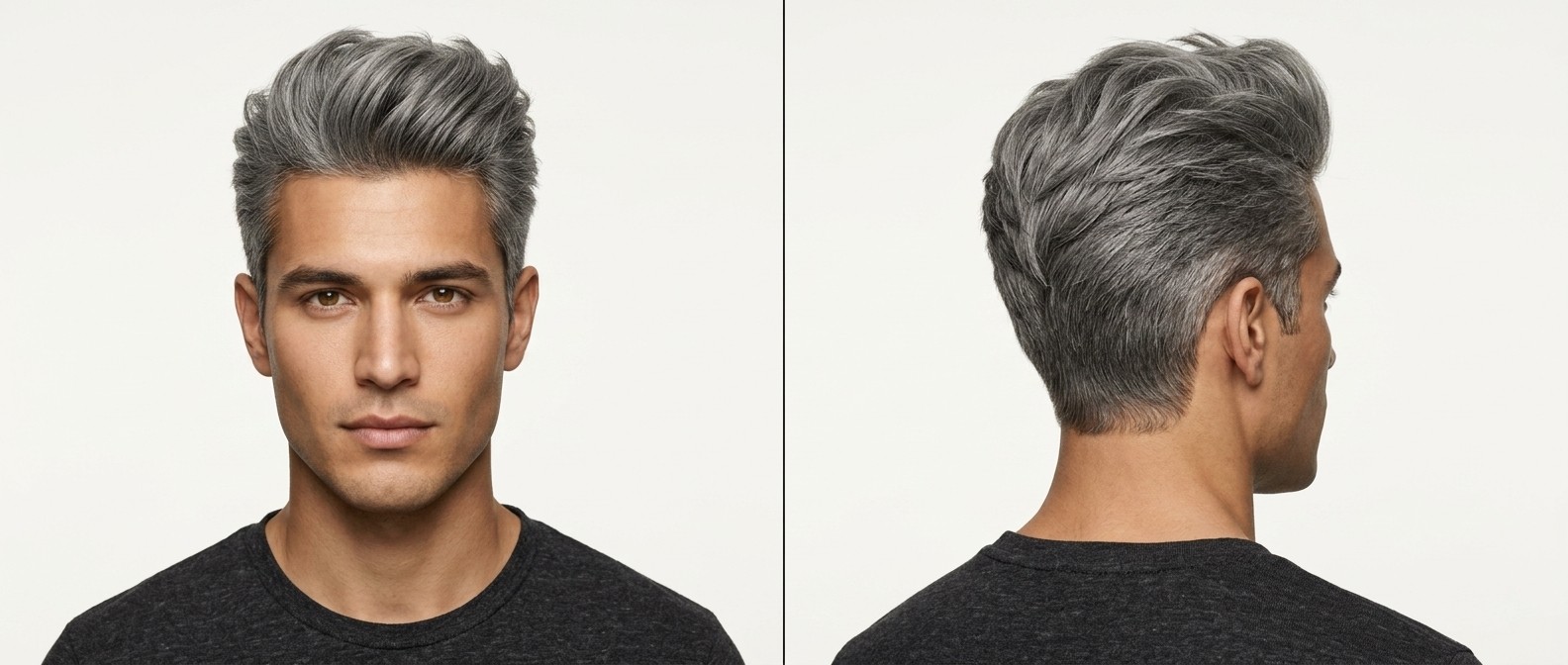 Vue de face et de profil d'un jeune homme avec une quiff argentée texturée, côtés courts aux ciseaux et volume aérien.