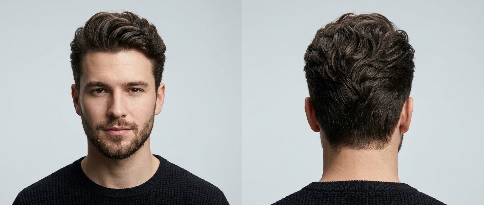 Vue de face et de dos d'un jeune homme aux cheveux bruns, épais et ondulés, coiffé en quiff texturée volumineuse avec des côtés effilés.