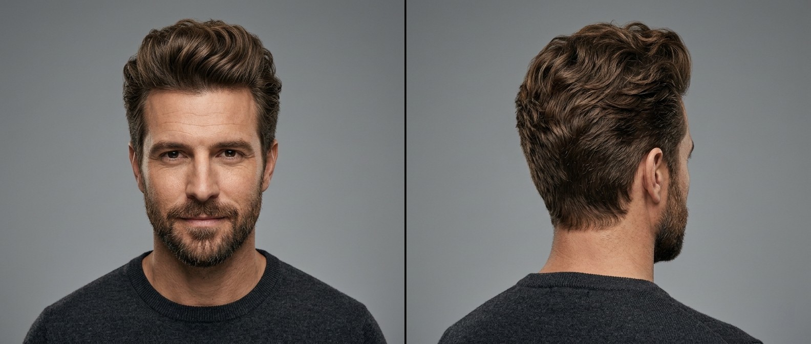 Vue de face et de dos d'un homme de 40 ans avec une barbe soignée portant une coiffure quiff texturée et ondulée avec des côtés dégradés.