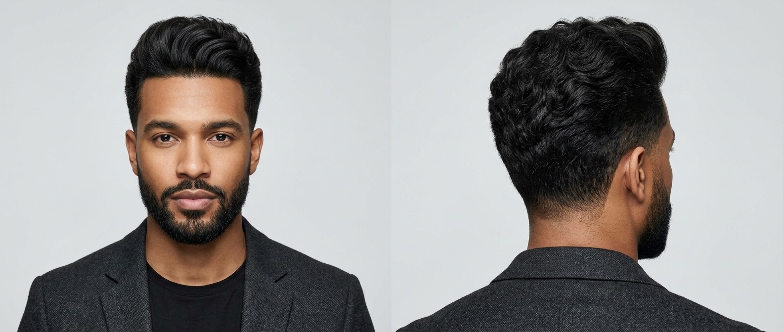 Profesjonalna fryzura wavy quiff dla gęstych włosów z cieniowanymi bokami i zadbaną brodą.