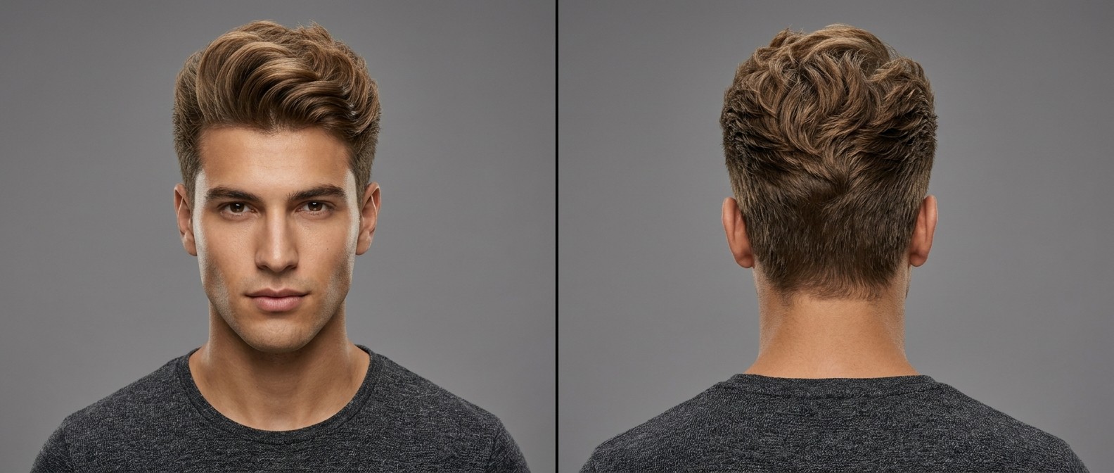 Vista frontal y lateral de un hombre con un corte quiff ondulado de alta textura y laterales degradados.