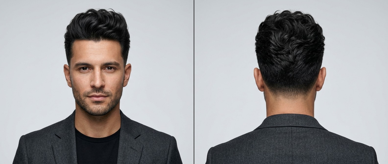 Front and back view of a man with a modern textured wavy quiff, featuring very short tapered sides and high volume top hair.