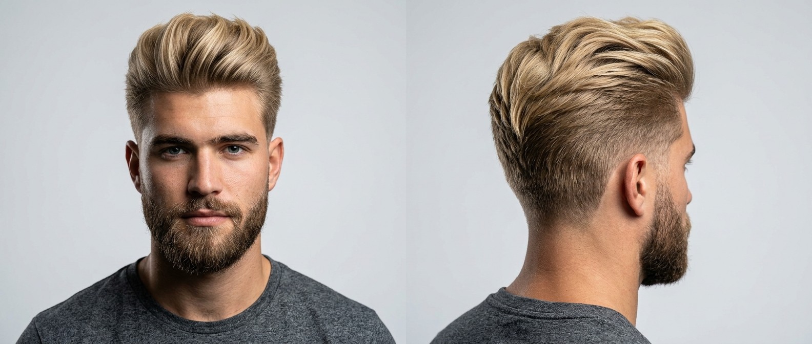 Young man with a blonde textured quiff hairstyle, featuring a high-volume swept-back top, clean low drop fade, and a well-groomed medium beard.