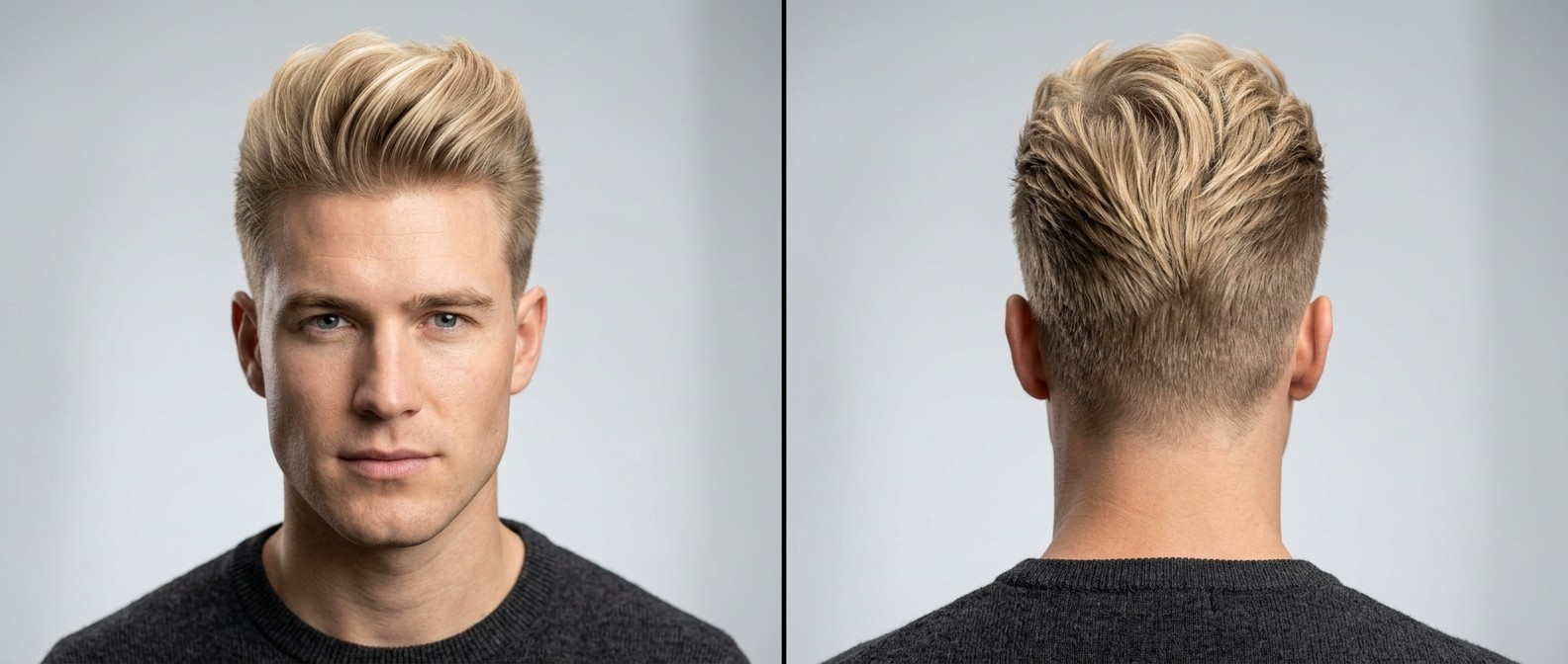 Front and back view of a blonde male model with a textured quiff, featuring high front volume, tight tapered sides, and a piecey, swept-back crown.