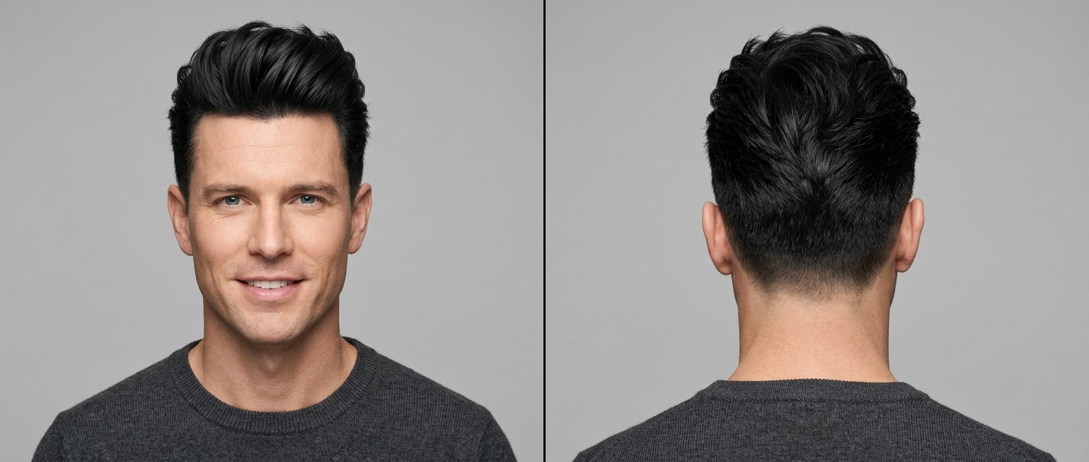 Front and back view of a Caucasian man in his late 30s with black hair styled in a classic textured quiff with short tapered sides and high volume.
