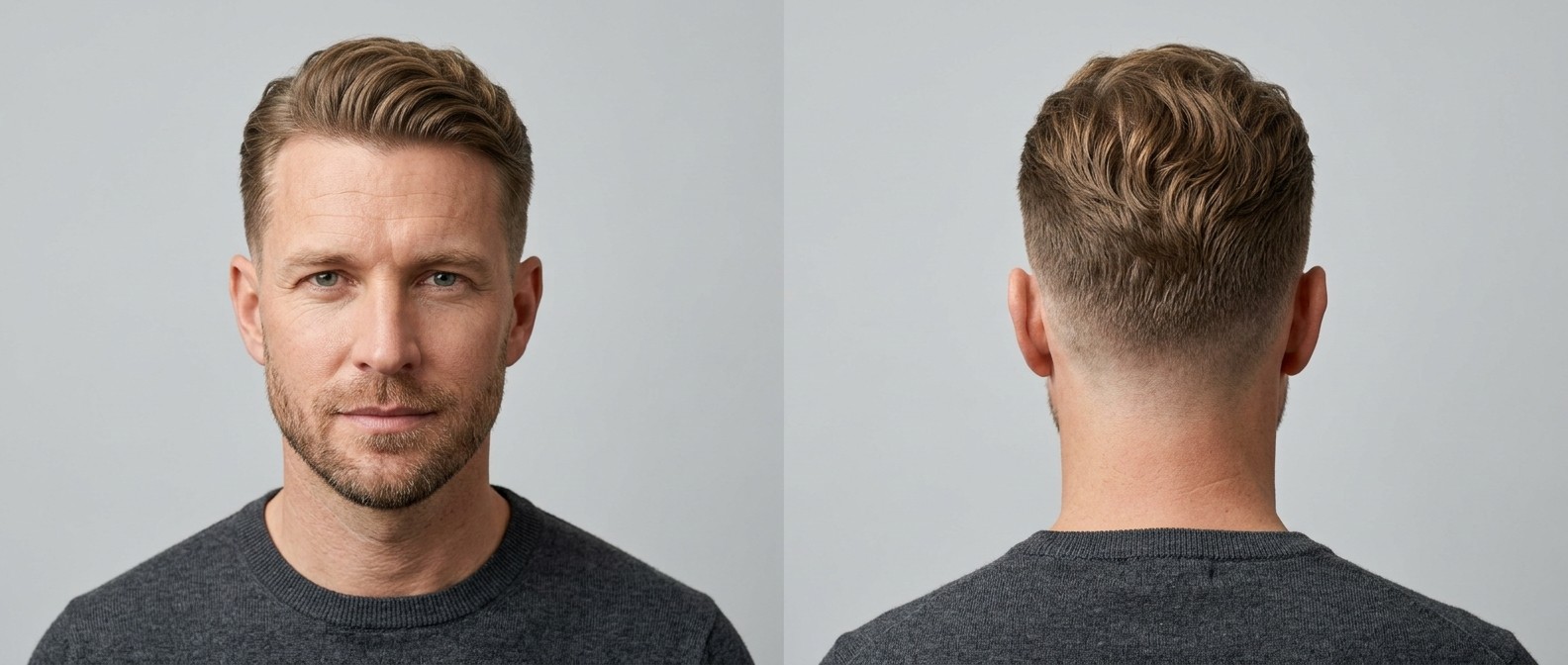Vista frontal e traseira de um homem de 40 anos com Regulation Cut ondulado, laterais em degradê e topo jogado para trás para disfarçar entradas.