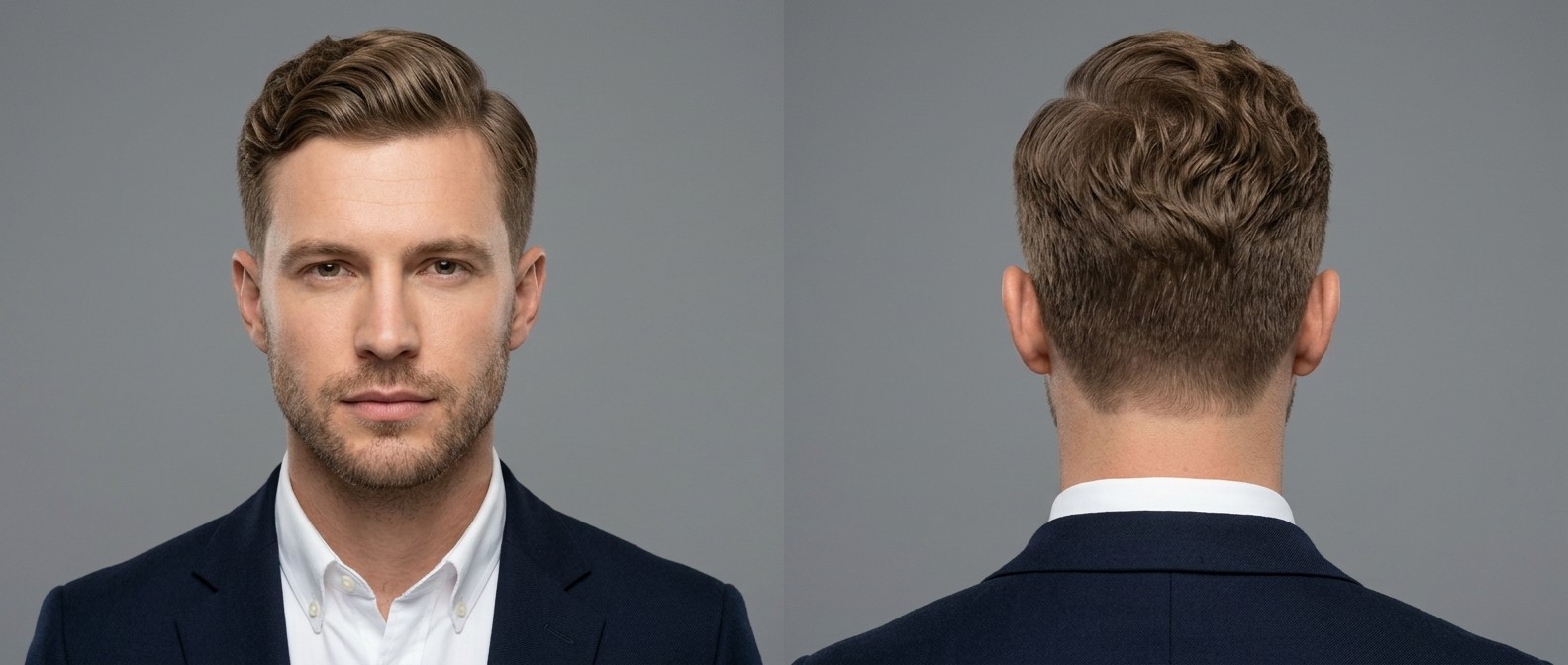 Vista frontal e traseira de um homem vestindo terno azul marinho, exibindo um corte Regulation Cut ondulado com laterais curtas em degradê e risco lateral definido.