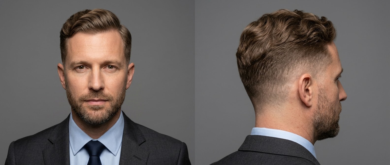 Hombre profesional con corte regulation cut ondulado, degradado mid drop fade y barba corta, vistiendo traje gris y camisa azul.