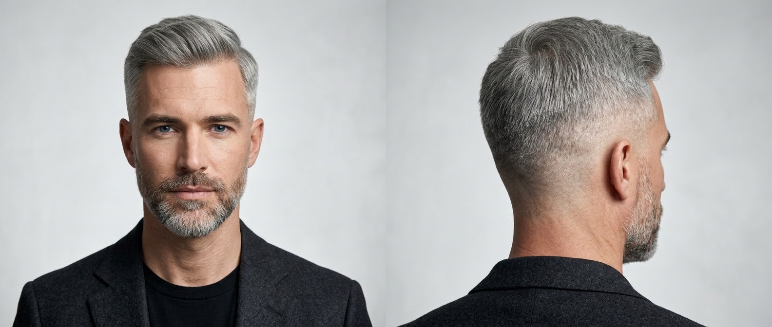 Homem de cabelo grisalho e barba curta aparada, exibindo corte Regulation Cut moderno com topete texturizado e degradê skin fade.