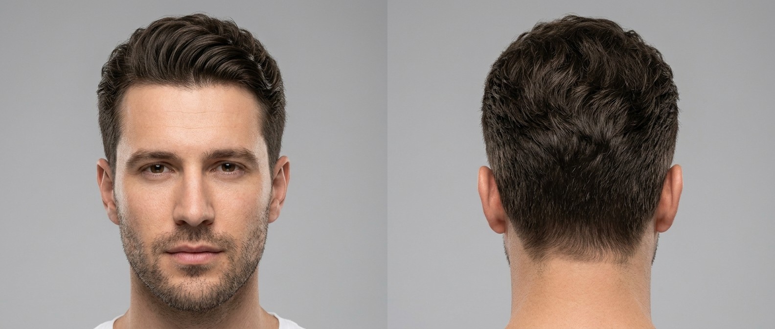 Widok z przodu i z tyłu na mężczyznę z gęstymi, falowanymi włosami w nowoczesnej fryzurze typu Regulation Cut.