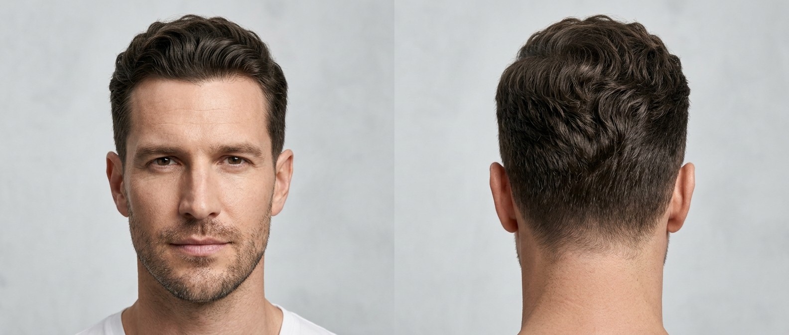 Widok z przodu i z tyłu na mężczyznę z ciemnobrązowymi, falowanymi włosami w krótkiej fryzurze Regulation Cut z cieniowanymi bokami.