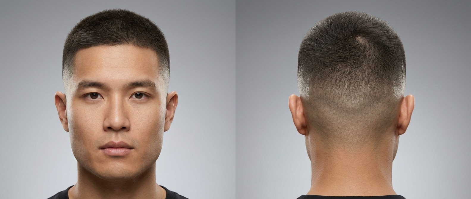 Widok z przodu i z tyłu na mężczyznę z fryzurą regulation cut, precyzyjnym wysokim bald fade'em i gęstymi, ciemnymi włosami.