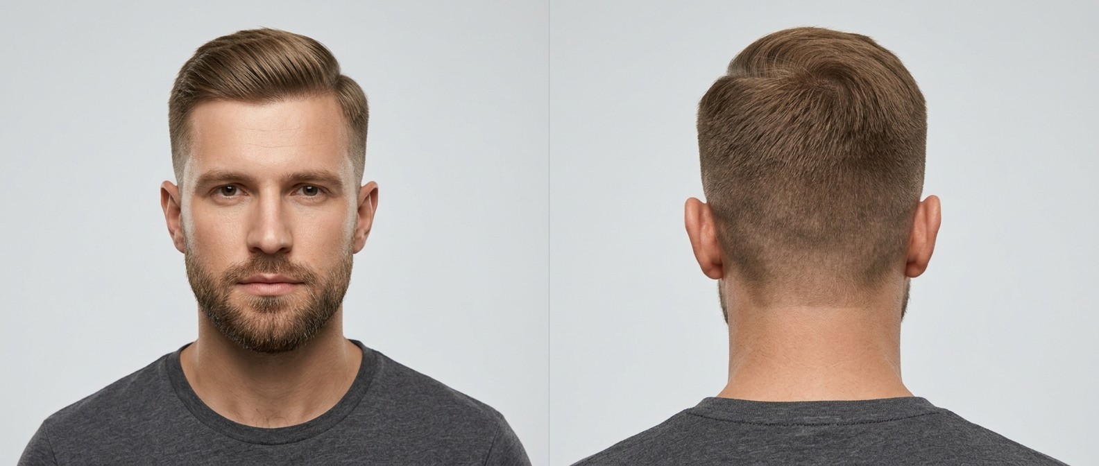 Widok z przodu i z tyłu na mężczyznę z zadbaną brodą i klasycznym cięciem Regulation Cut z mid fade'em.
