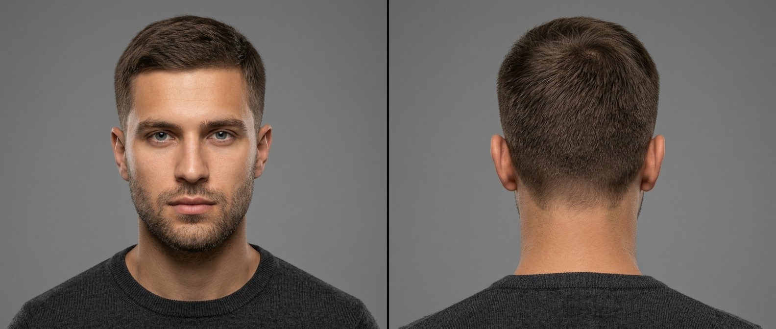 Vue de face et de profil d'un homme avec une coupe Regulation classique, côtés dégradés et dessus texturé.