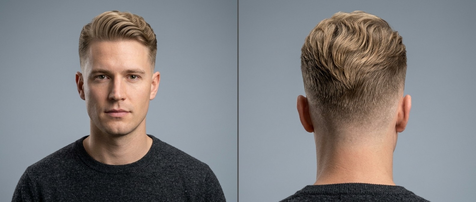Front and back view of a blonde man aged 25-35 modeling a wavy regulation cut with a high skin fade, swept-back textured top, and clean hairline.