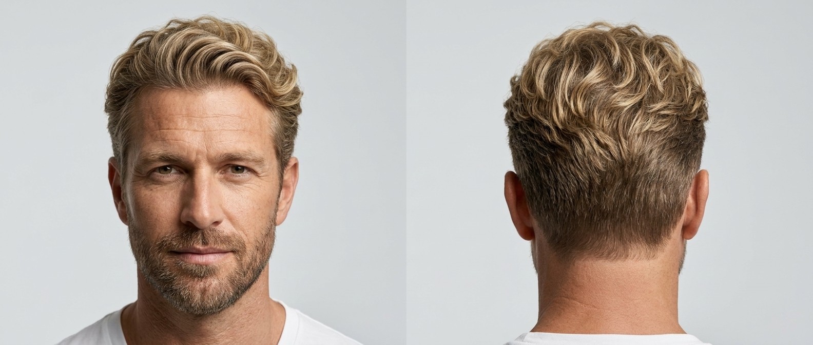 Vorder- und Rückansicht eines 45-jährigen Mannes mit dichtem, welligem blonden Haar, moderner Regulation Cut mit Taper Fade.