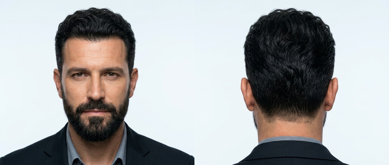 Vorder- und Rückansicht eines reifen Mannes mit Bart, der einen welligen Regulation Cut mit kurzen, verjüngten Seiten trägt.
