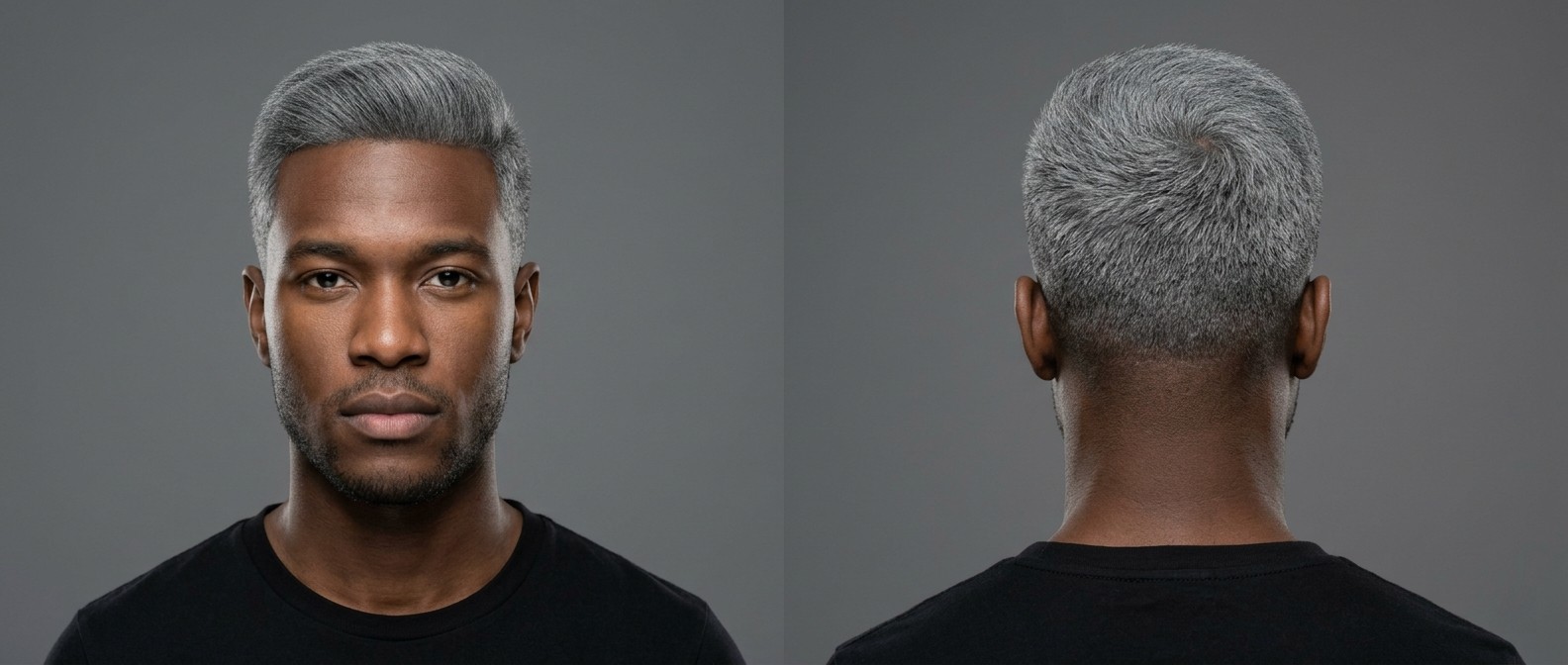 Hombre joven con cabello grueso, liso y gris plateado, con un corte Regulation Cut, laterales degradados y peinado lateral.
