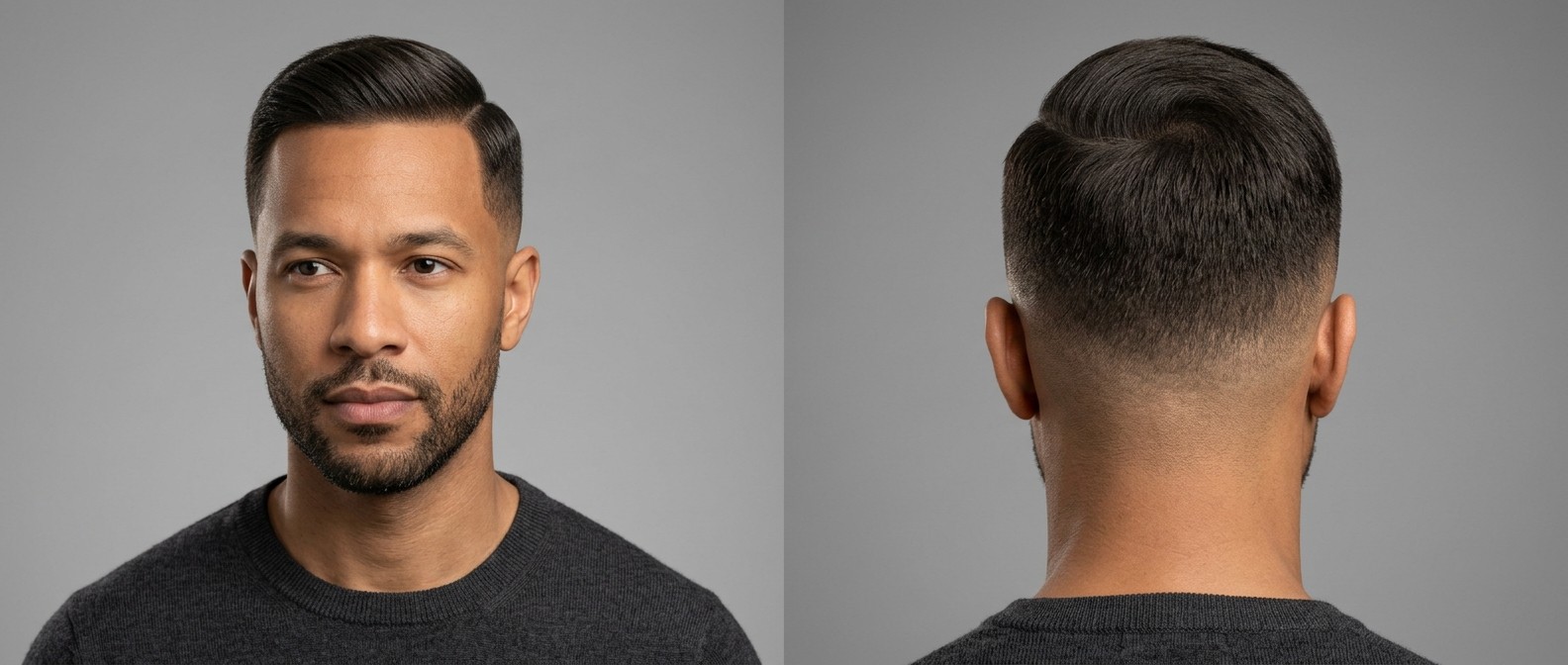 Widok z przodu i z tyłu na mężczyznę z elegancką fryzurą Regulation Cut, wygolonym przedziałkiem, mid skin fade i przystrzyżoną brodą.