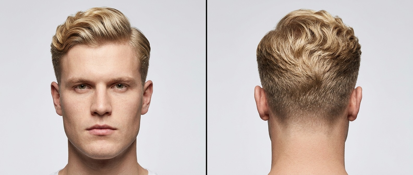 Young blonde man modeling a classic Wavy Regulation Cut with a side part, short tapered sides, and textured volume on top.