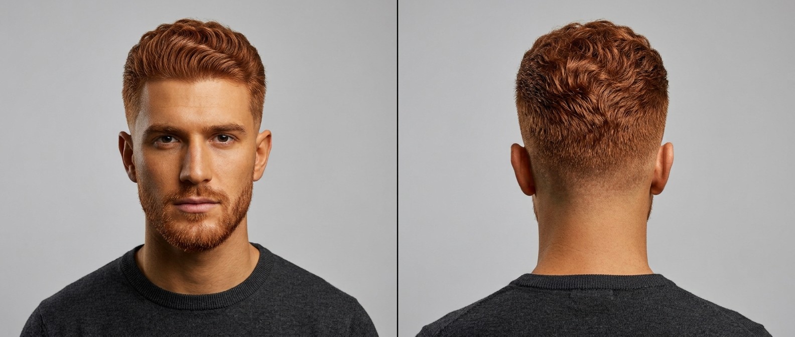 Front and back view of a young man with a wavy regulation cut, featuring a high skin fade, textured copper red hair on top, and a short beard.