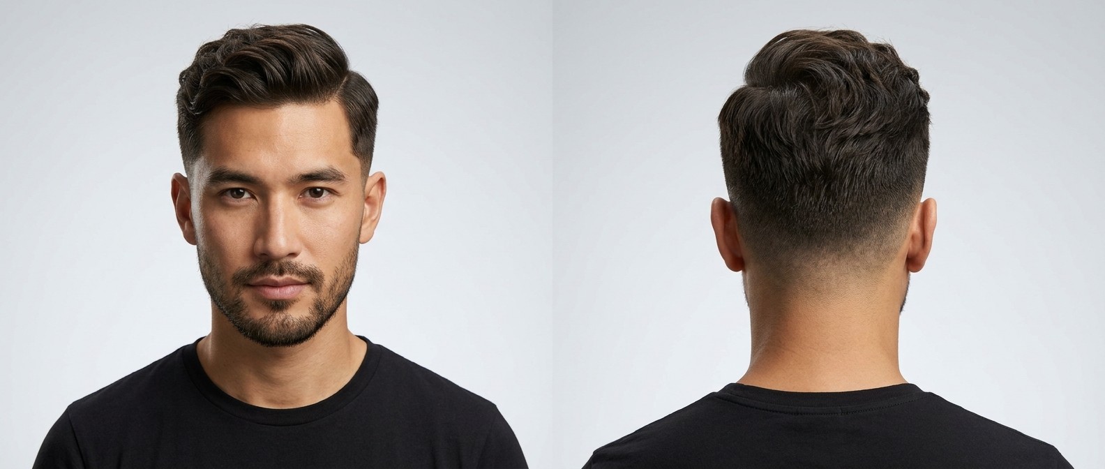 Widok z przodu i z boku na mężczyznę z falowanymi włosami w stylu regulation cut, wysokim taper fade i zadbaną brodą.