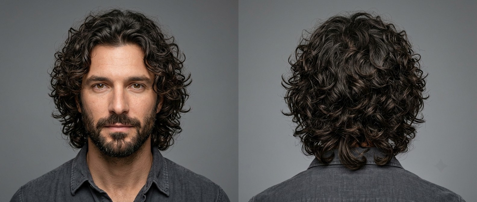 Front and back view of a bearded man wearing a medium-length curly shag haircut, showcasing defined type 3 curls and beautifully layered volume.