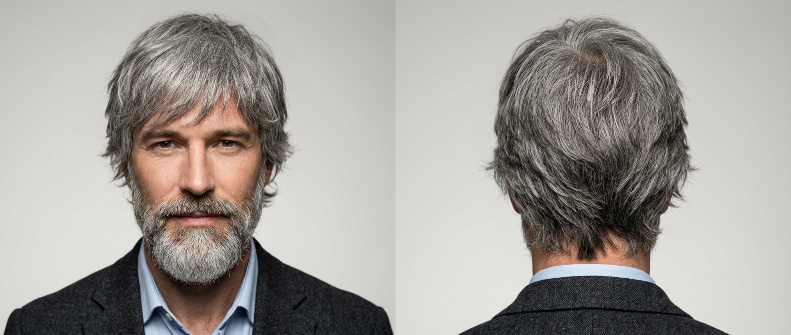 Front and back view of a mature man with a full beard wearing a modern, textured gray shag haircut with a heavy layered fringe and wispy neckline.