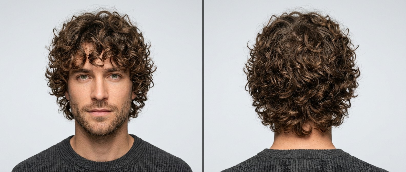 Front and back view of a young man with thick, brown Type 3 curly hair styled in a modern, casual shag with a heavy fringe and rounded silhouette.