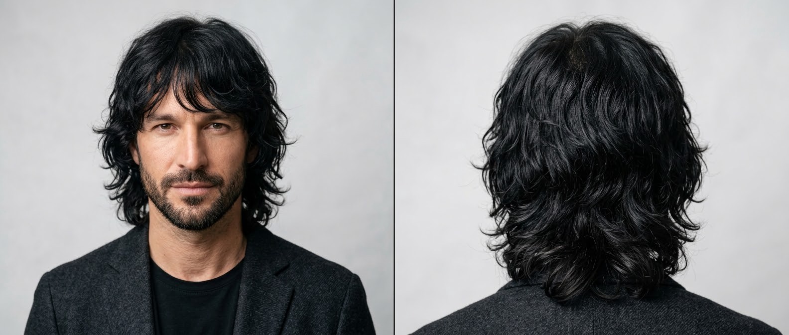 Hombre de 40 años con barba corta luciendo un corte shag ondulado moderno en cabello negro con flequillo texturizado y capas al cuello.
