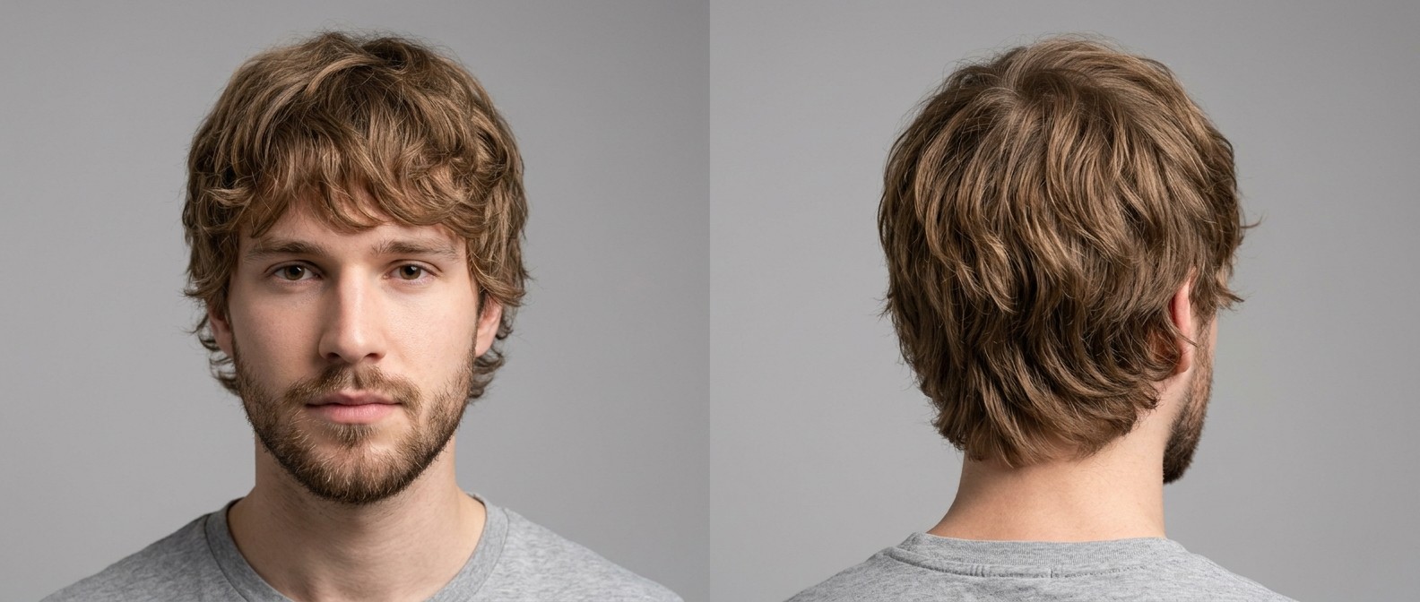 Młody mężczyzna z nowoczesną fryzurą shag w kolorze jasnego brązu, z teksturowaną grzywką i krótką brodą.