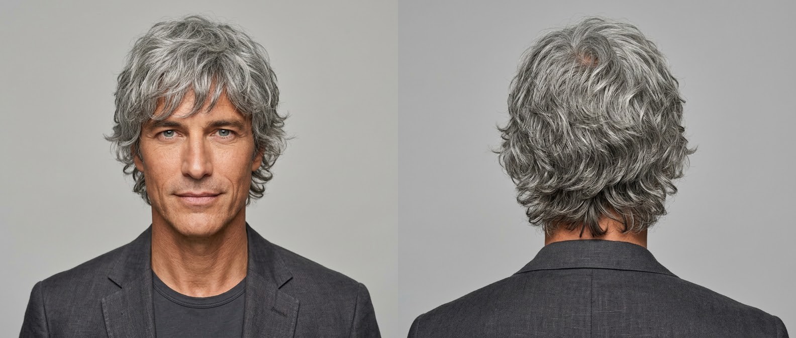 Reifer Mann mit elegantem silbergrauem Wavy Shag Haarschnitt, softem Pony und texturiertem Nackenbereich im grauen Sakko.