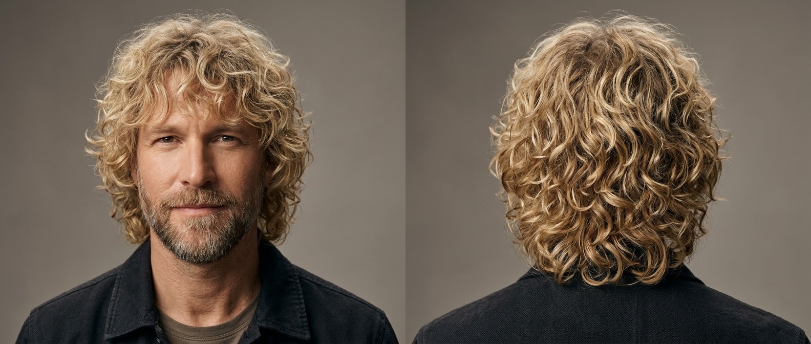 Widok z przodu i z tyłu dojrzałego mężczyzny z fryzurą curly shag średniej długości na gęstych blond lokach i z krótką brodą.